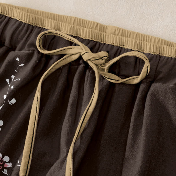 Buddha Stones Pure Cotton Oriental Blossom Branch Pattern Women's Elastic Waist Pants With Pockets - image 1