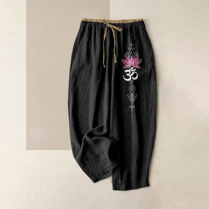 Buddha Stones Pure Cotton Zen Lotus Om Pattern Women's Elastic Waist Pants With Pockets - Black - US16，UK/AU20，EU48 (3XL) - image 0