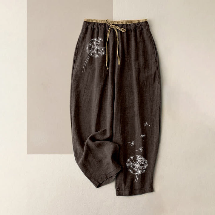 Buddha Stones Pure Cotton White Dandelion Pattern Women's Elastic Waist Pants With Pockets - SaddleBrown - US16，UK/AU20，EU48 (3XL) - image 5