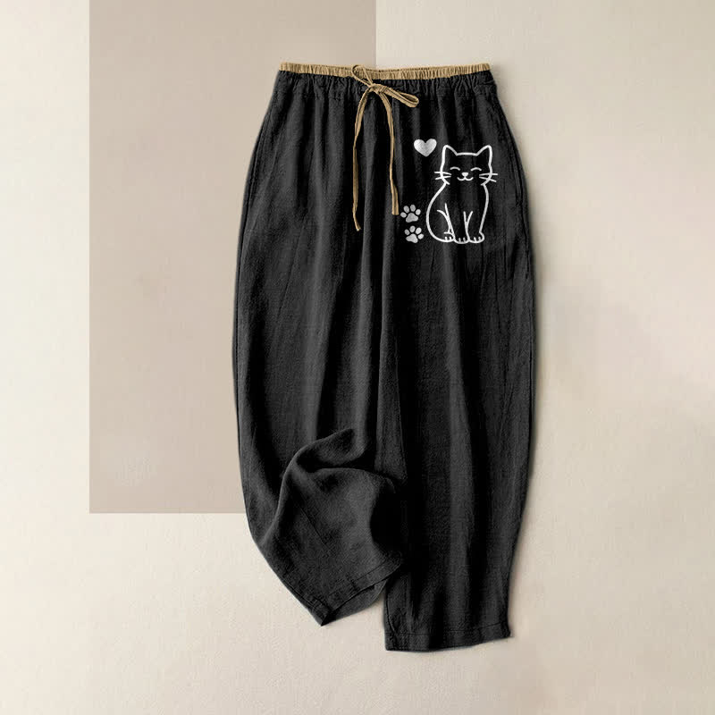 Buddha Stones Pure Cotton Cute Cat Heart Paw Print Pattern Women's Elastic Waist Pants With Pockets - Black - US16，UK/AU20，EU48 (3XL) - image 0