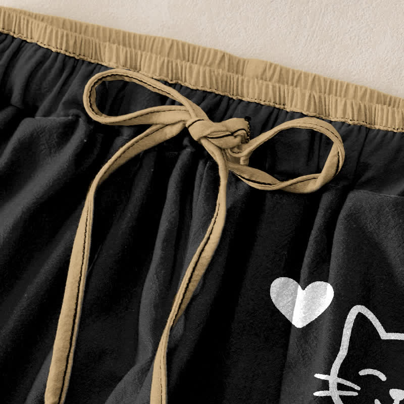 Buddha Stones Pure Cotton Cute Cat Heart Paw Print Pattern Women's Elastic Waist Pants With Pockets - image 1