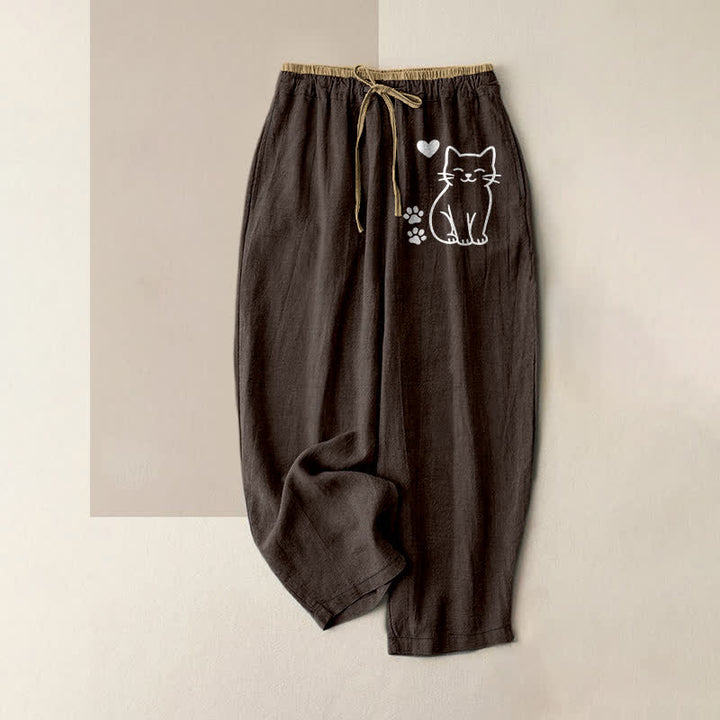 Buddha Stones Pure Cotton Cute Cat Heart Paw Print Pattern Women's Elastic Waist Pants With Pockets - SaddleBrown - US16，UK/AU20，EU48 (3XL) - image 5