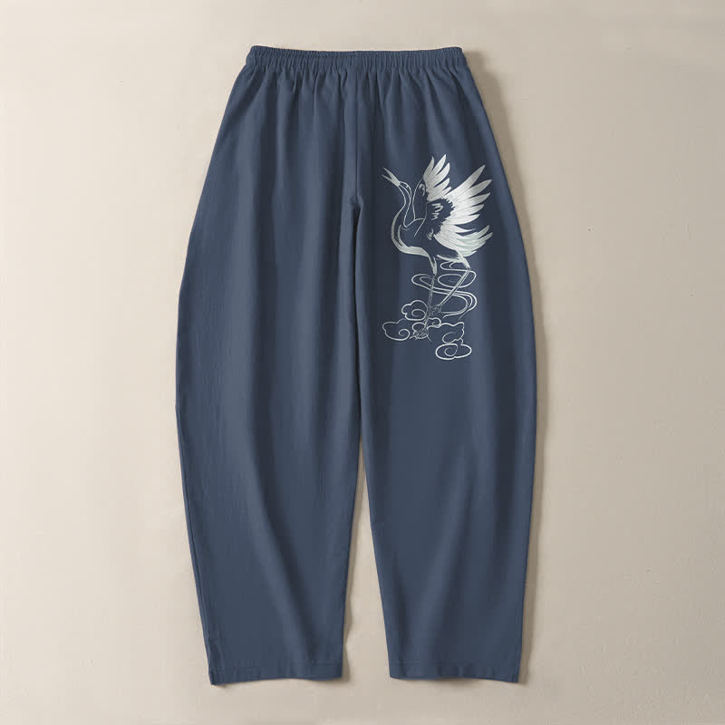 Buddha Stones Pure Cotton White Crane Pattern Drawstring Men's Tapered Pants With Pockets - image 3