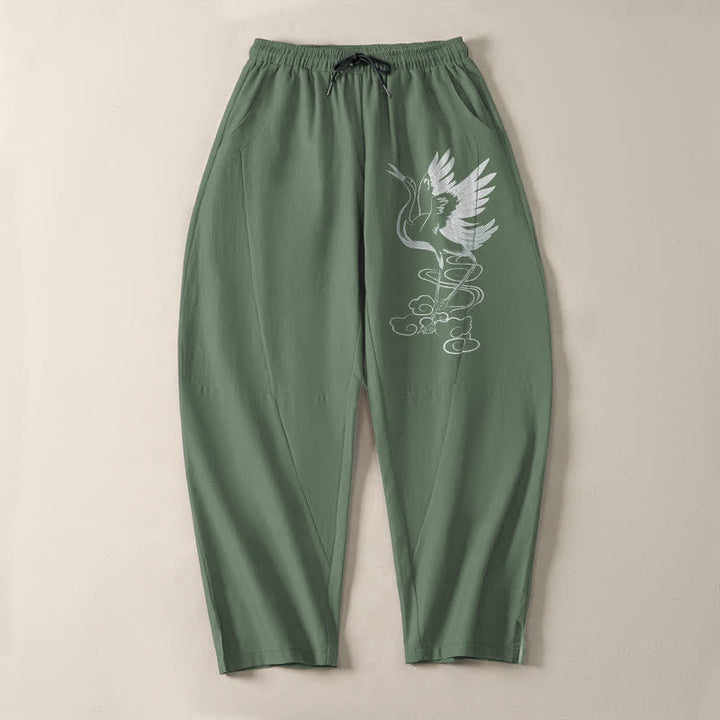 Buddha Stones Pure Cotton White Crane Pattern Drawstring Men's Tapered Pants With Pockets - image 9