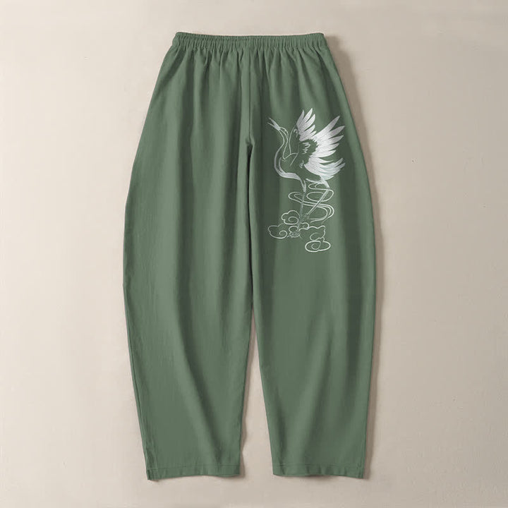 Buddha Stones Pure Cotton White Crane Pattern Drawstring Men's Tapered Pants With Pockets - image 10