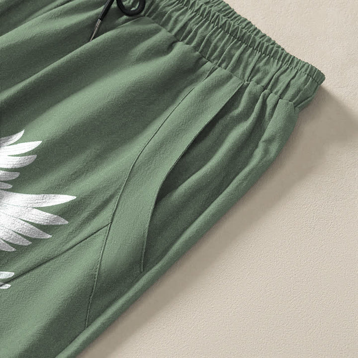 Buddha Stones Pure Cotton White Crane Pattern Drawstring Men's Tapered Pants With Pockets - image 11