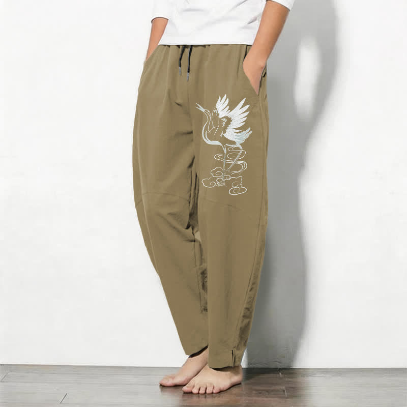 Buddha Stones Pure Cotton White Crane Pattern Drawstring Men's Tapered Pants With Pockets - image 15