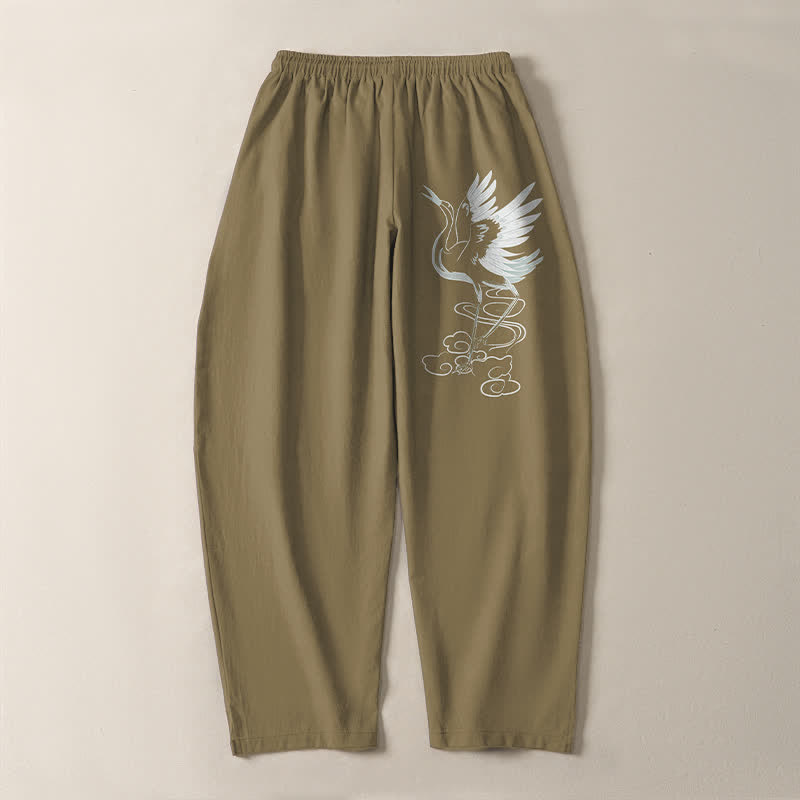 Buddha Stones Pure Cotton White Crane Pattern Drawstring Men's Tapered Pants With Pockets - image 17