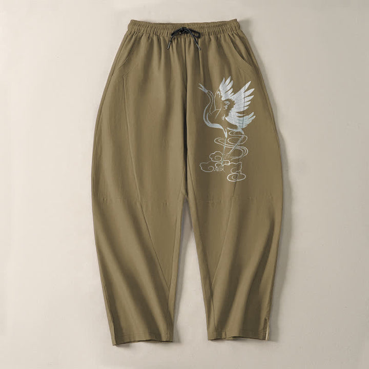 Buddha Stones Pure Cotton White Crane Pattern Drawstring Men's Tapered Pants With Pockets - image 16