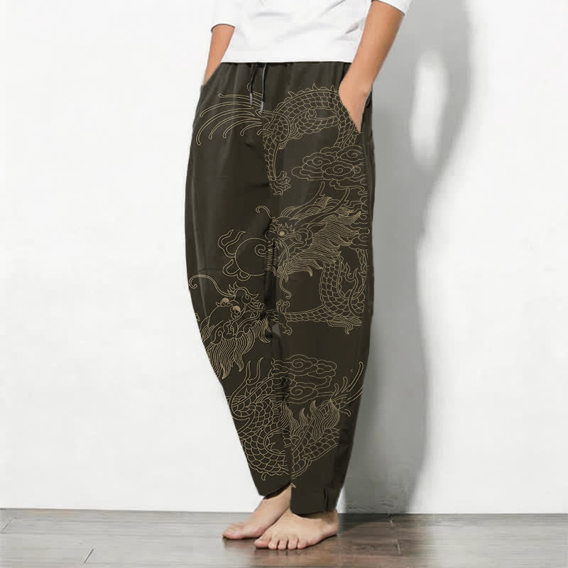 Buddha Stones Pure Cotton Golden Dragon Cloud Pattern Drawstring Men's Tapered Pants With Pockets - image 1