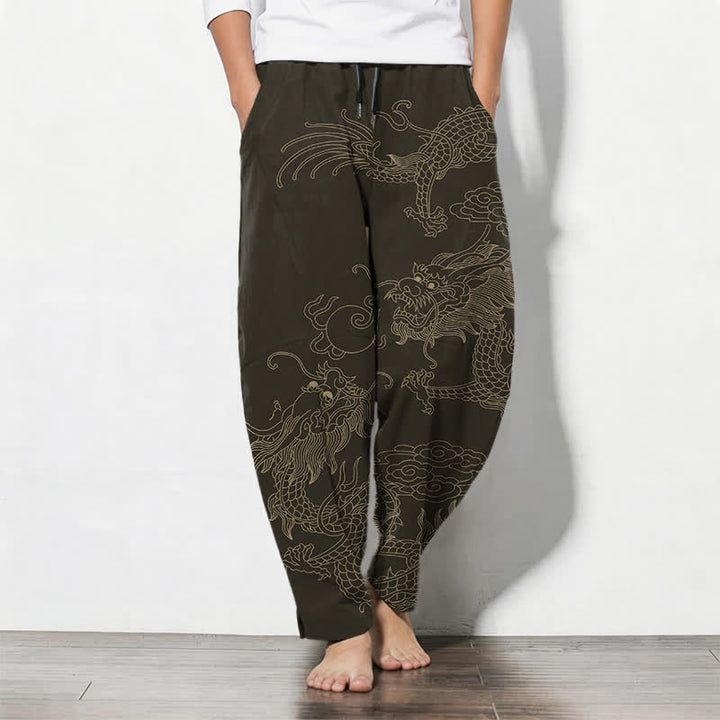 Buddha Stones Pure Cotton Golden Dragon Cloud Pattern Drawstring Men's Tapered Pants With Pockets - SaddleBrown - US/UK/AU50，EU60 (5XL) - image 0