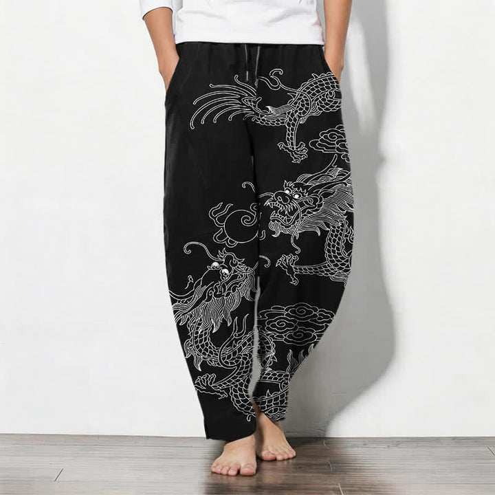 Buddha Stones Pure Cotton Golden Dragon Cloud Pattern Drawstring Men's Tapered Pants With Pockets - image 7