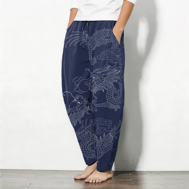 Buddha Stones Pure Cotton Golden Dragon Cloud Pattern Drawstring Men's Tapered Pants With Pockets - image 15