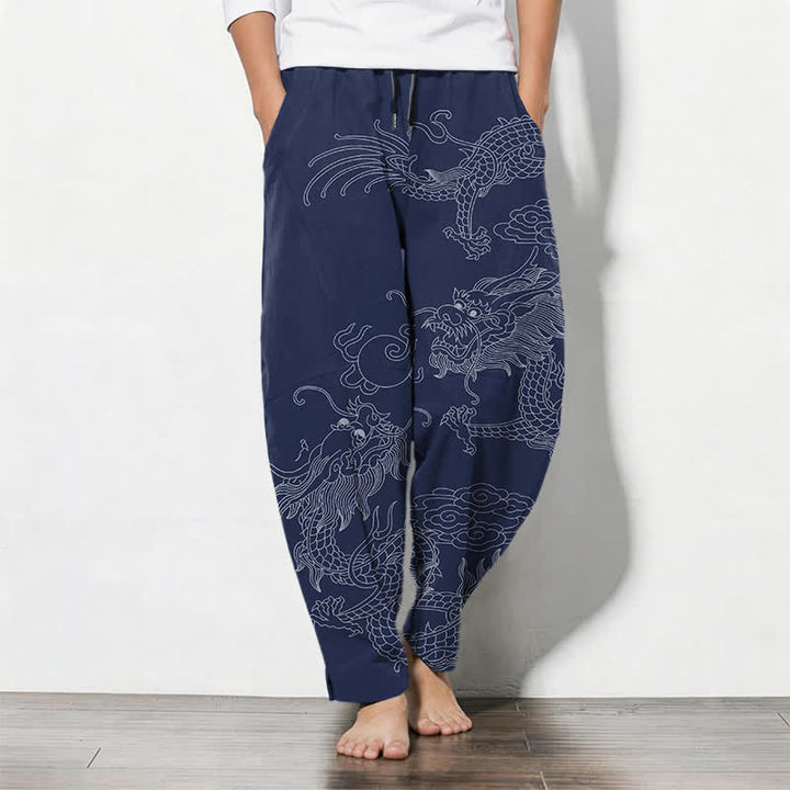 Buddha Stones Pure Cotton Golden Dragon Cloud Pattern Drawstring Men's Tapered Pants With Pockets - Navy - US/UK/AU50，EU60 (5XL) - image 14