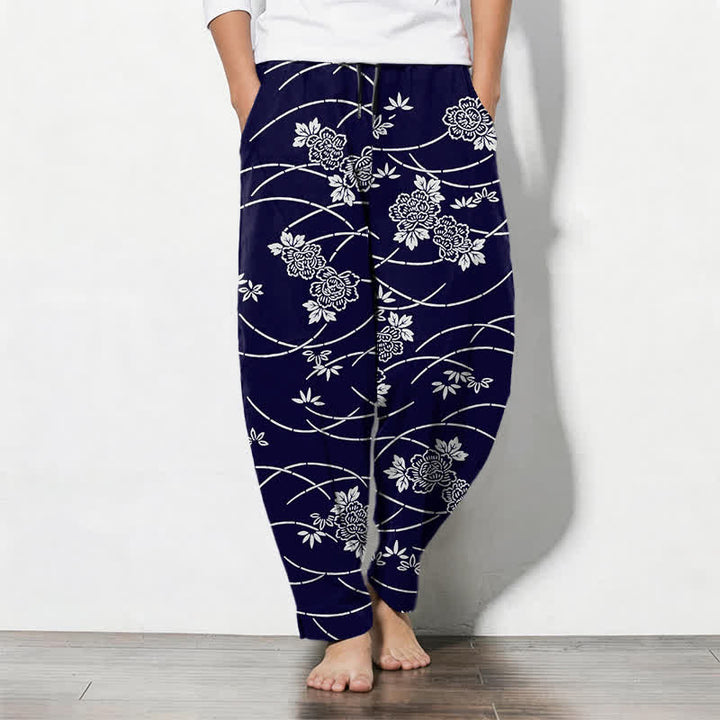 Buddha Stones Pure Cotton White Floral Vine Pattern Drawstring Men's Tapered Pants With Pockets - Navy - US/UK/AU50，EU60 (5XL) - image 0