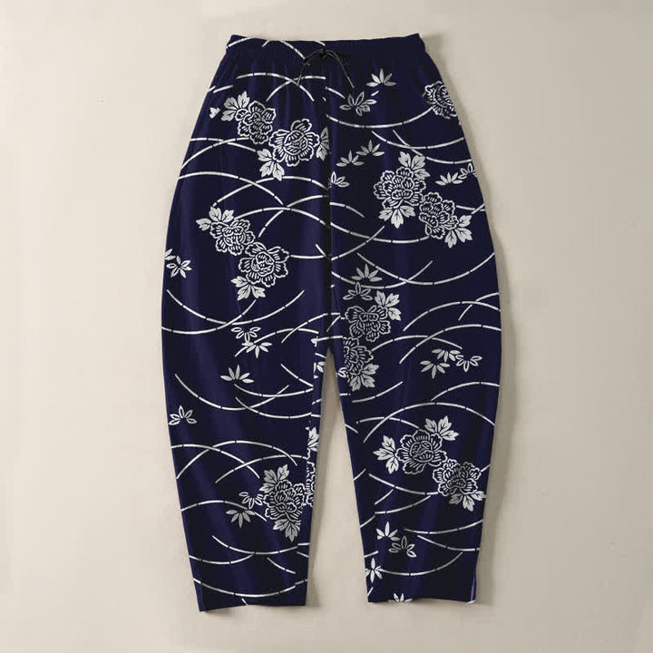 Buddha Stones Pure Cotton White Floral Vine Pattern Drawstring Men's Tapered Pants With Pockets - image 2
