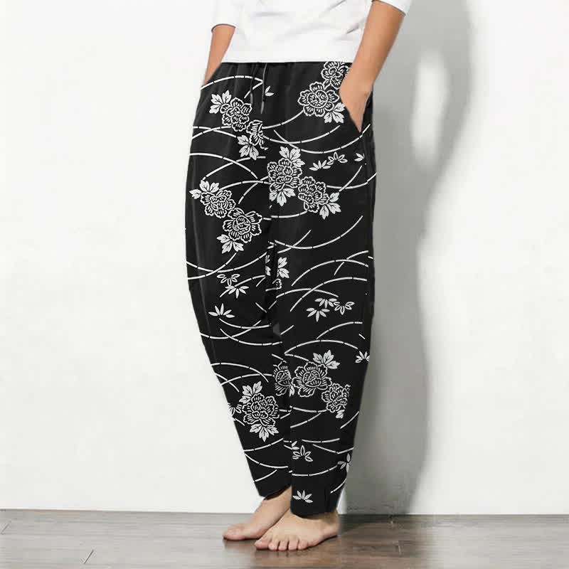 Buddha Stones Pure Cotton White Floral Vine Pattern Drawstring Men's Tapered Pants With Pockets - image 8