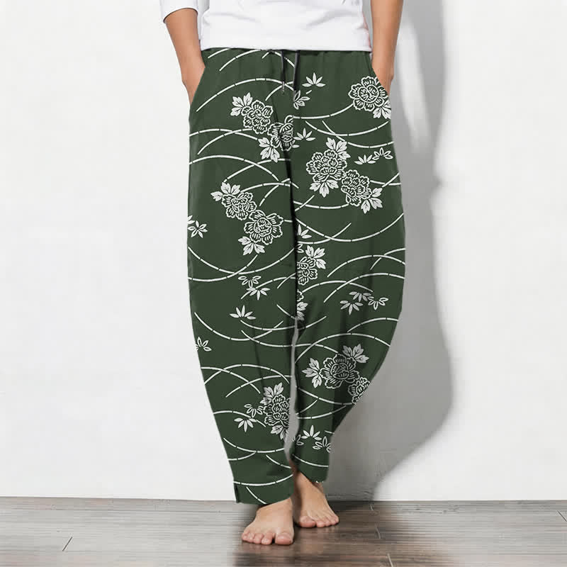 Buddha Stones Pure Cotton White Floral Vine Pattern Drawstring Men's Tapered Pants With Pockets - ForestGreen - US/UK/AU50，EU60 (5XL) - image 11