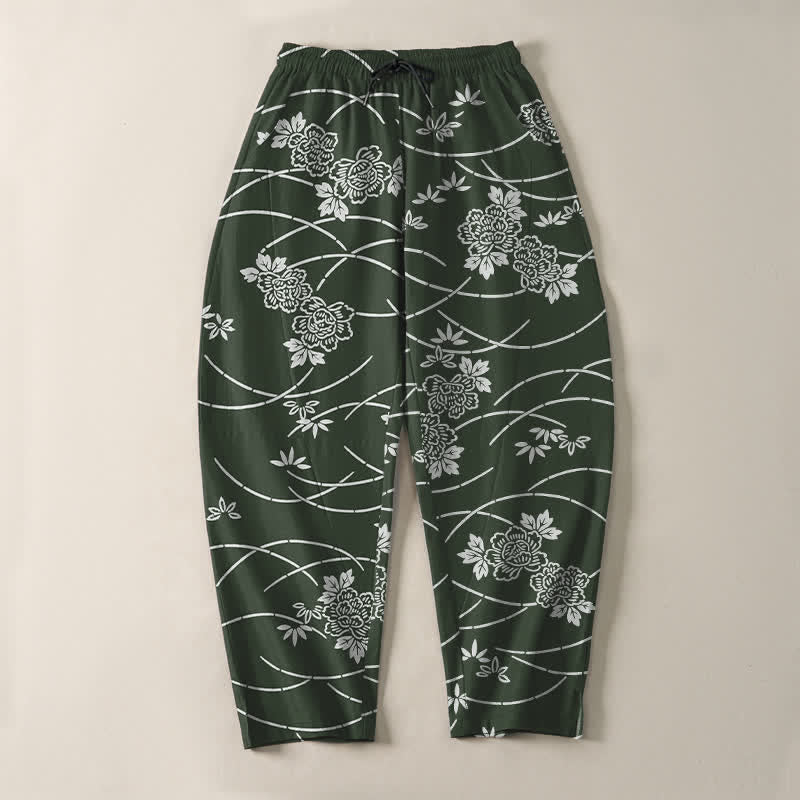 Buddha Stones Pure Cotton White Floral Vine Pattern Drawstring Men's Tapered Pants With Pockets - image 13