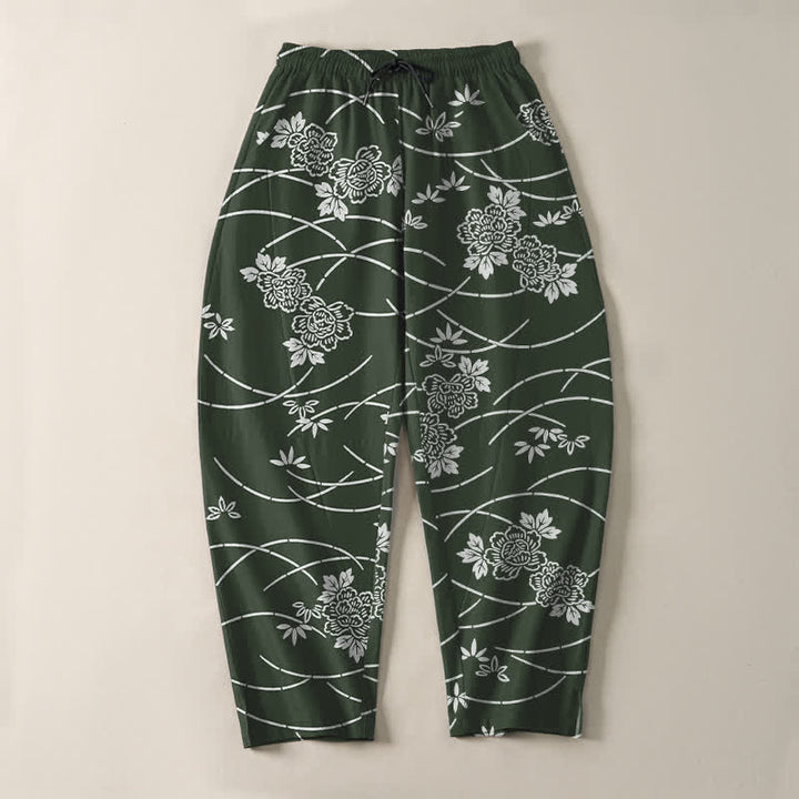 Buddha Stones Pure Cotton White Floral Vine Pattern Drawstring Men's Tapered Pants With Pockets - image 13