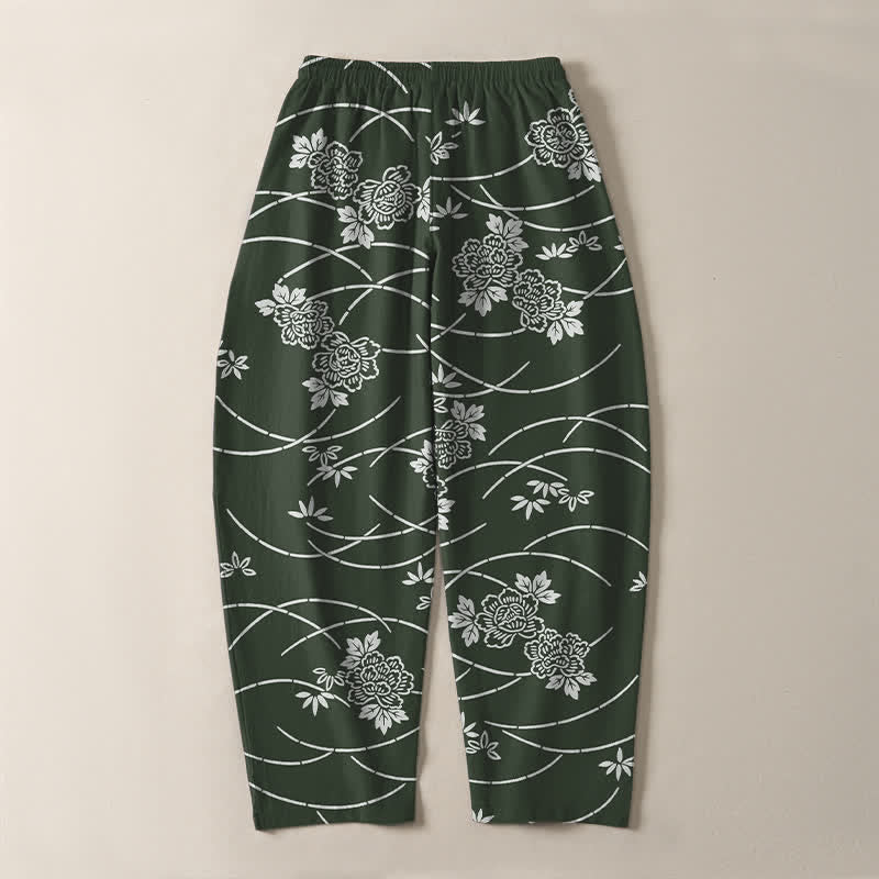 Buddha Stones Pure Cotton White Floral Vine Pattern Drawstring Men's Tapered Pants With Pockets - image 14