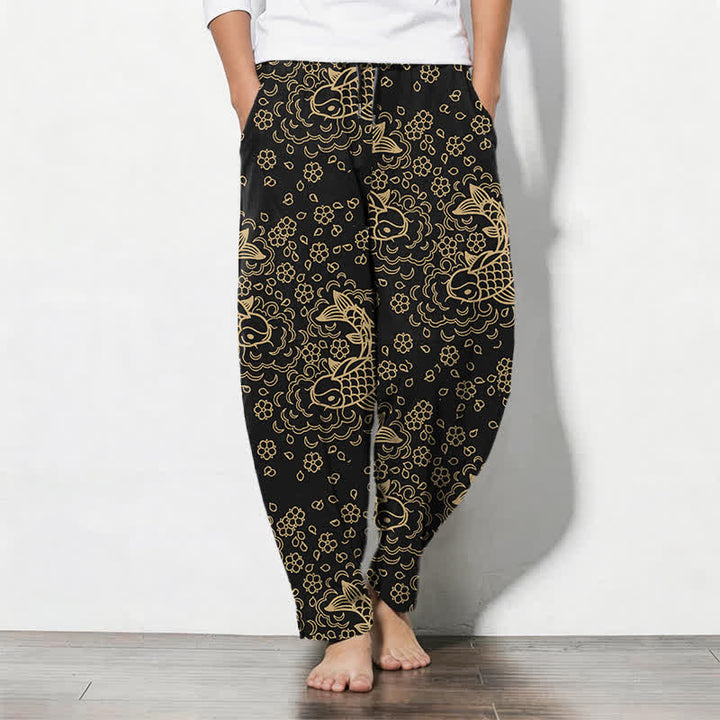 Buddha Stones Pure Cotton Golden Koi Fish Floral Pattern Drawstring Men's Tapered Pants With Pockets - Black - US/UK/AU50，EU60 (5XL) - image 0