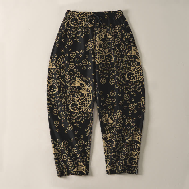 Buddha Stones Pure Cotton Golden Koi Fish Floral Pattern Drawstring Men's Tapered Pants With Pockets - image 2