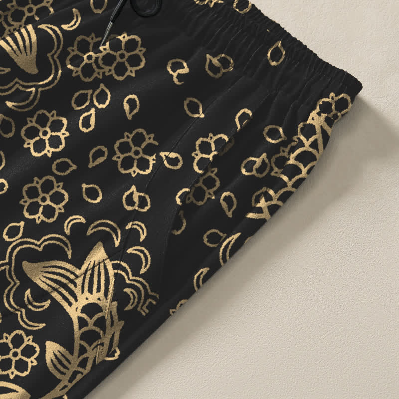 Buddha Stones Pure Cotton Golden Koi Fish Floral Pattern Drawstring Men's Tapered Pants With Pockets - image 4
