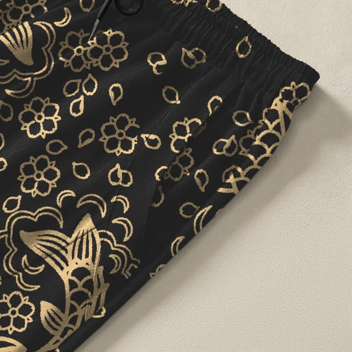 Buddha Stones Pure Cotton Golden Koi Fish Floral Pattern Drawstring Men's Tapered Pants With Pockets - image 4