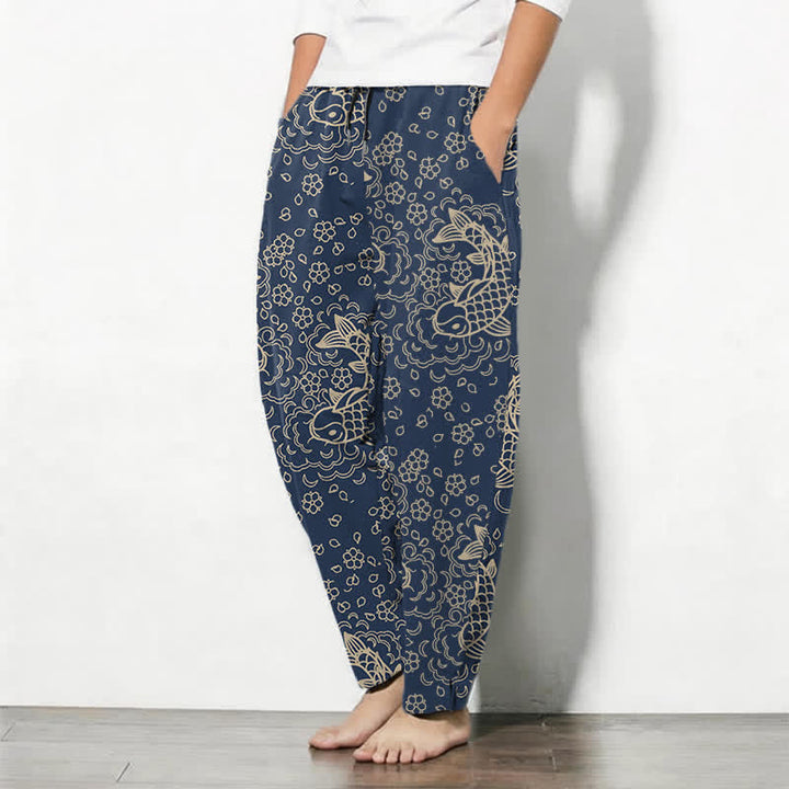Buddha Stones Pure Cotton Golden Koi Fish Floral Pattern Drawstring Men's Tapered Pants With Pockets - image 8
