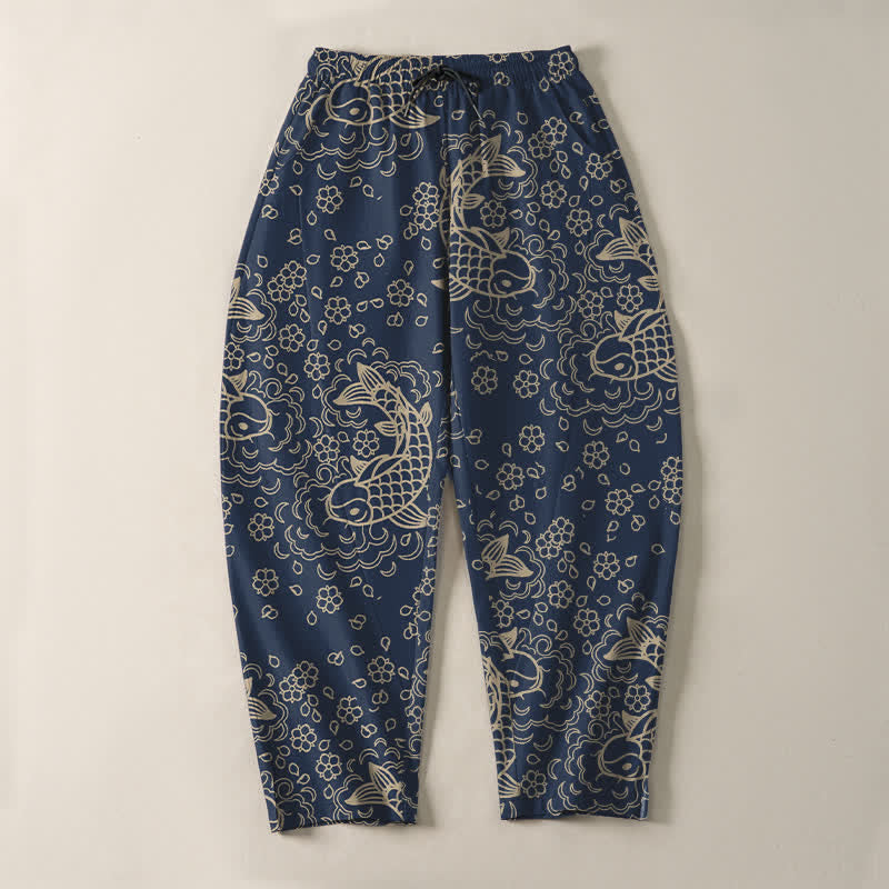 Buddha Stones Pure Cotton Golden Koi Fish Floral Pattern Drawstring Men's Tapered Pants With Pockets - image 9