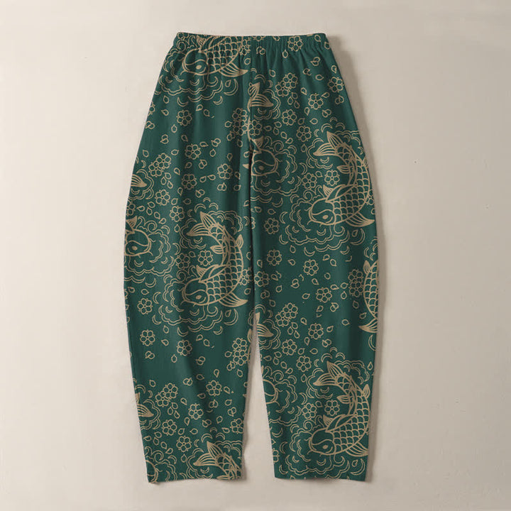 Buddha Stones Pure Cotton Golden Koi Fish Floral Pattern Drawstring Men's Tapered Pants With Pockets - image 14