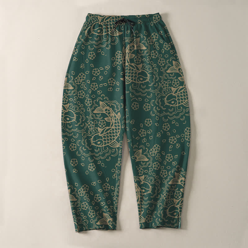 Buddha Stones Pure Cotton Golden Koi Fish Floral Pattern Drawstring Men's Tapered Pants With Pockets - image 13