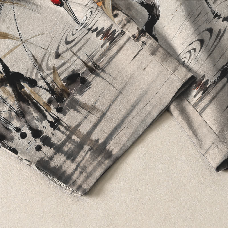 Buddha Stones Pure Cotton Ink Wash Crane Reeds Pattern Drawstring Men's Tapered Pants With Pockets - image 5