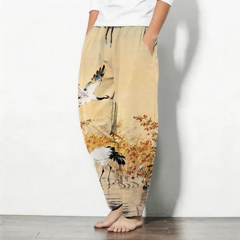 Buddha Stones Pure Cotton Ink Wash Crane Reeds Pattern Drawstring Men's Tapered Pants With Pockets - image 8