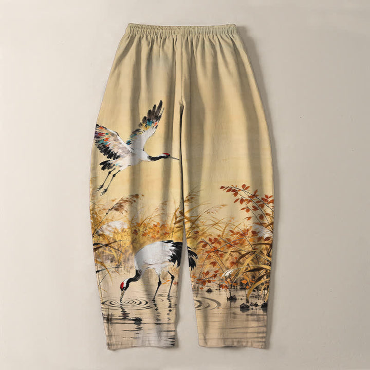 Buddha Stones Pure Cotton Ink Wash Crane Reeds Pattern Drawstring Men's Tapered Pants With Pockets - image 10