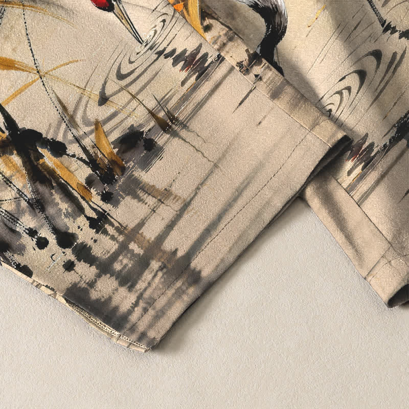 Buddha Stones Pure Cotton Ink Wash Crane Reeds Pattern Drawstring Men's Tapered Pants With Pockets - image 12