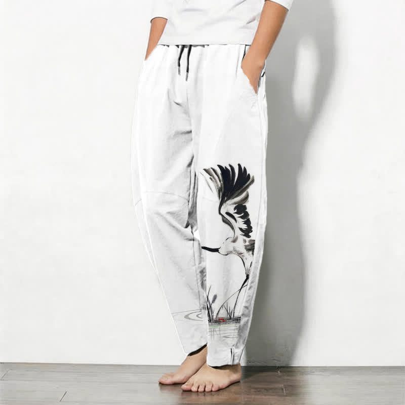 Buddha Stones Pure Cotton Ink Crane Reed Pattern Drawstring Men's Tapered Pants With Pockets - image 1