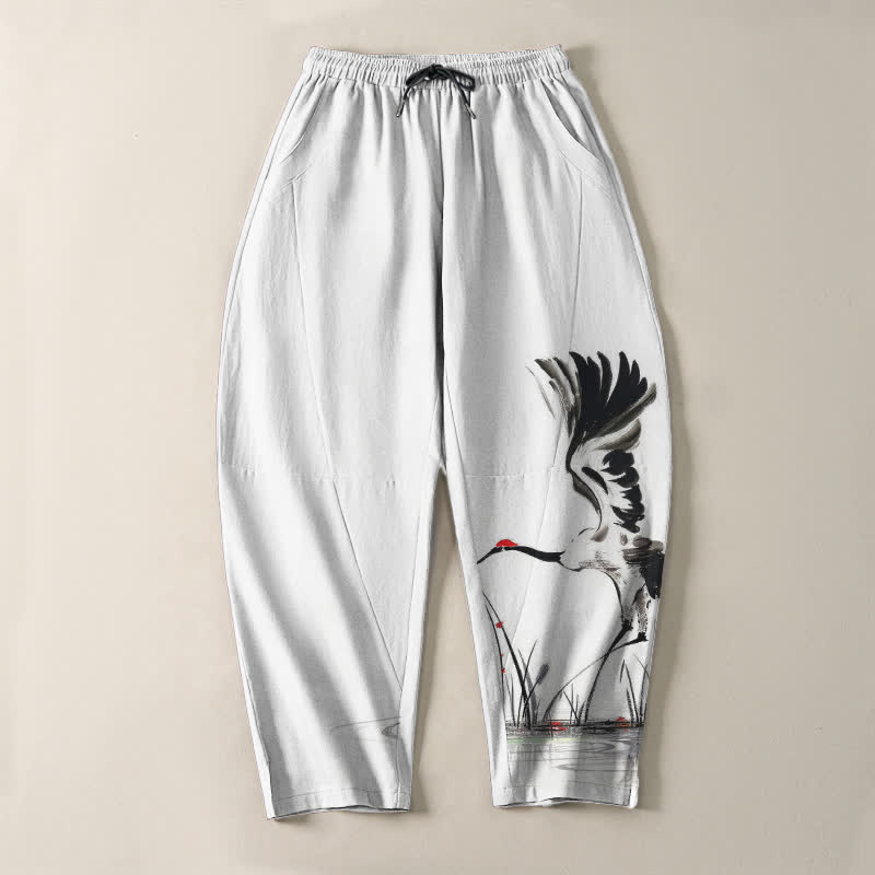Buddha Stones Pure Cotton Ink Crane Reed Pattern Drawstring Men's Tapered Pants With Pockets - image 2