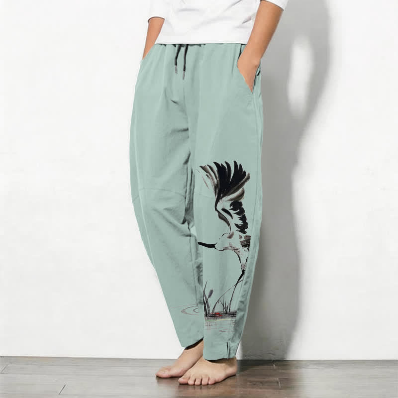 Buddha Stones Pure Cotton Ink Crane Reed Pattern Drawstring Men's Tapered Pants With Pockets - image 8
