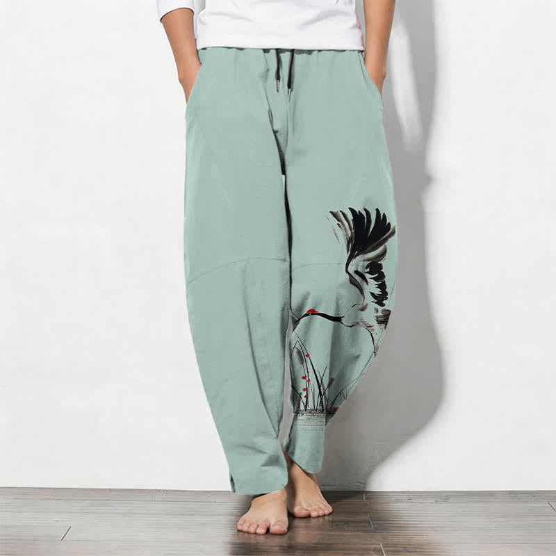 Buddha Stones Pure Cotton Ink Crane Reed Pattern Drawstring Men's Tapered Pants With Pockets - Aquamarine - US/UK/AU50，EU60 (5XL) - image 7