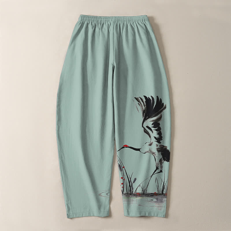 Buddha Stones Pure Cotton Ink Crane Reed Pattern Drawstring Men's Tapered Pants With Pockets - image 10