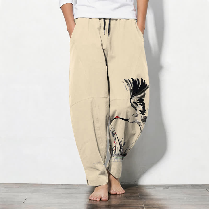 Buddha Stones Pure Cotton Ink Crane Reed Pattern Drawstring Men's Tapered Pants With Pockets - Beige - US/UK/AU50，EU60 (5XL) - image 11