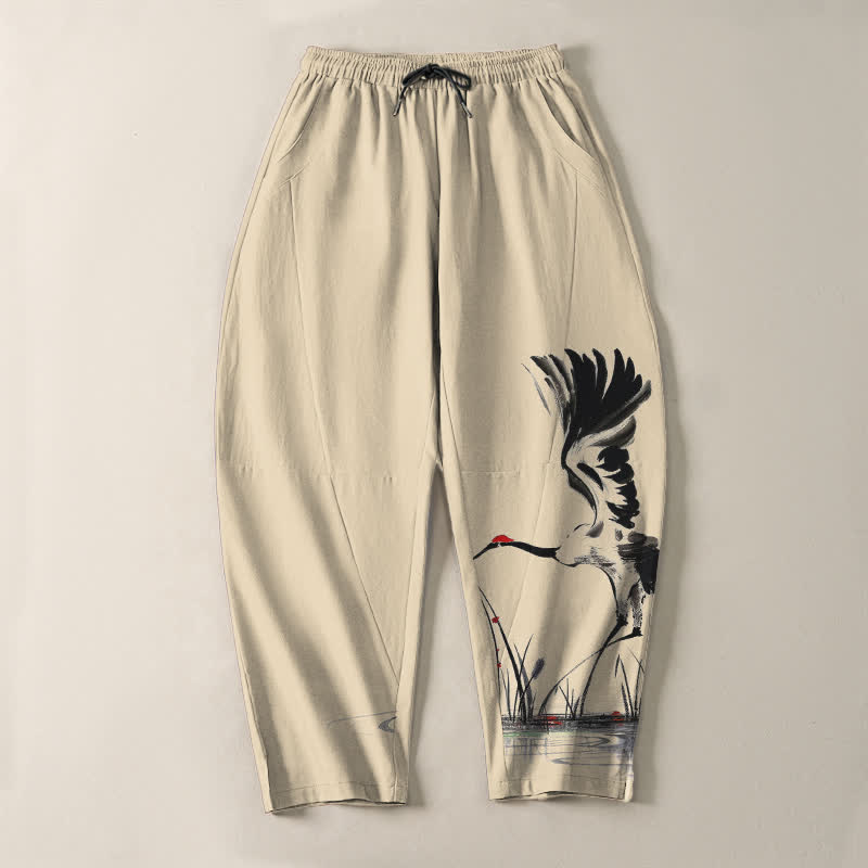 Buddha Stones Pure Cotton Ink Crane Reed Pattern Drawstring Men's Tapered Pants With Pockets - image 13
