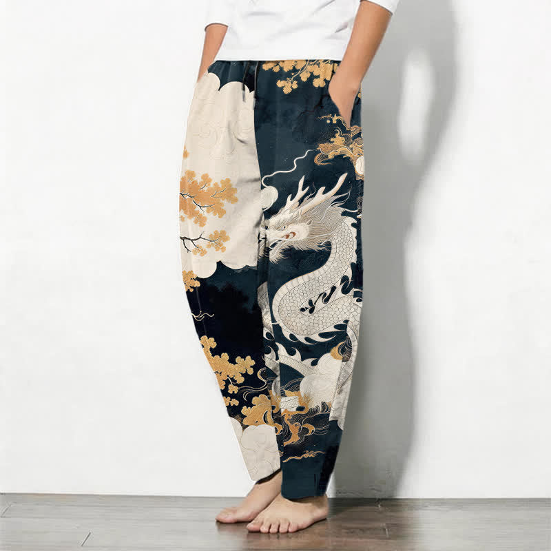 Buddha Stones Pure Cotton Eastern Dragon Cloud Pattern Drawstring Men's Tapered Pants With Pockets - image 1