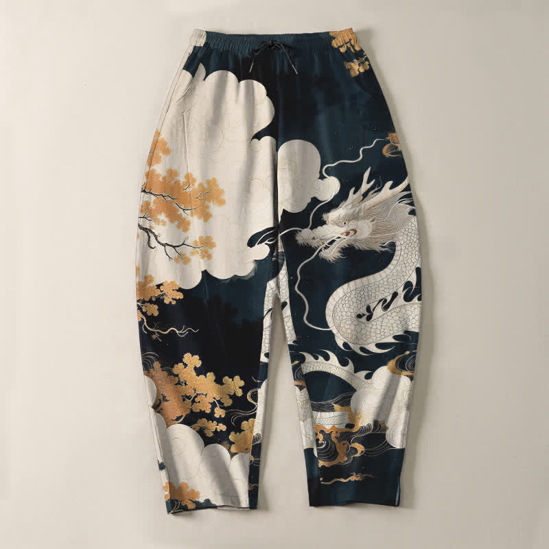 Buddha Stones Pure Cotton Eastern Dragon Cloud Pattern Drawstring Men's Tapered Pants With Pockets - image 2