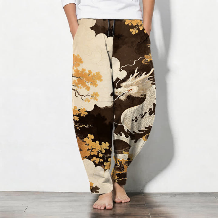 Buddha Stones Pure Cotton Eastern Dragon Cloud Pattern Drawstring Men's Tapered Pants With Pockets - SaddleBrown - US/UK/AU50，EU60 (5XL) - image 7