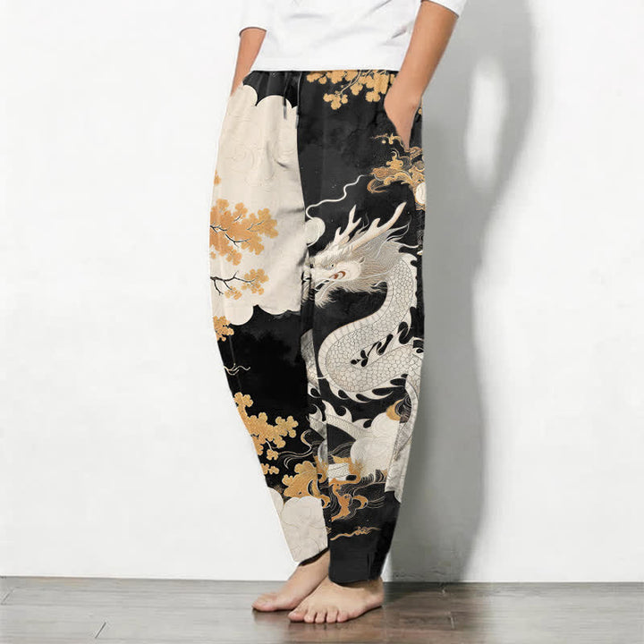 Buddha Stones Pure Cotton Eastern Dragon Cloud Pattern Drawstring Men's Tapered Pants With Pockets - image 12