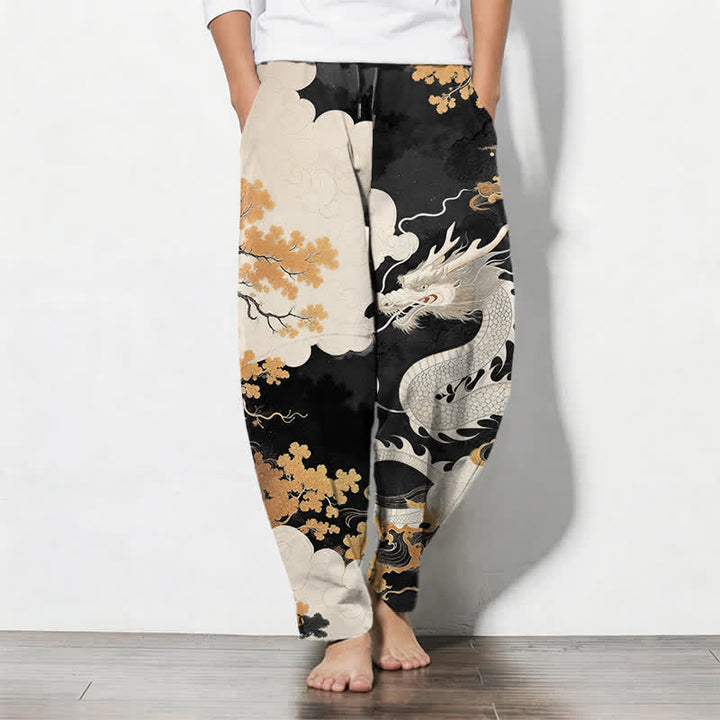 Buddha Stones Pure Cotton Eastern Dragon Cloud Pattern Drawstring Men's Tapered Pants With Pockets - Black - US/UK/AU50，EU60 (5XL) - image 11