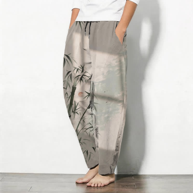 Buddha Stones Pure Cotton Ink Bamboo Pattern Drawstring Men's Tapered Pants With Pockets - image 1